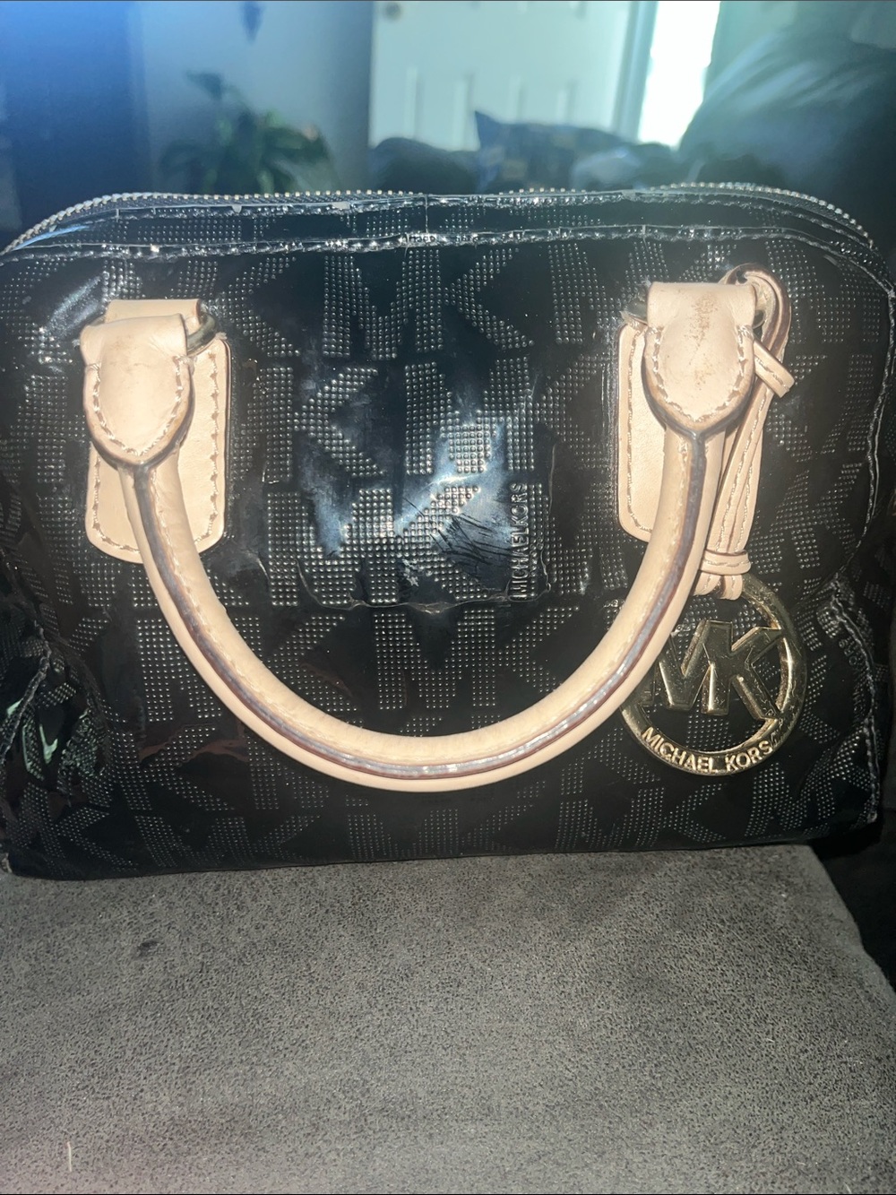 Michael Kors Black and Tan Mini Satchel with Logo Charm